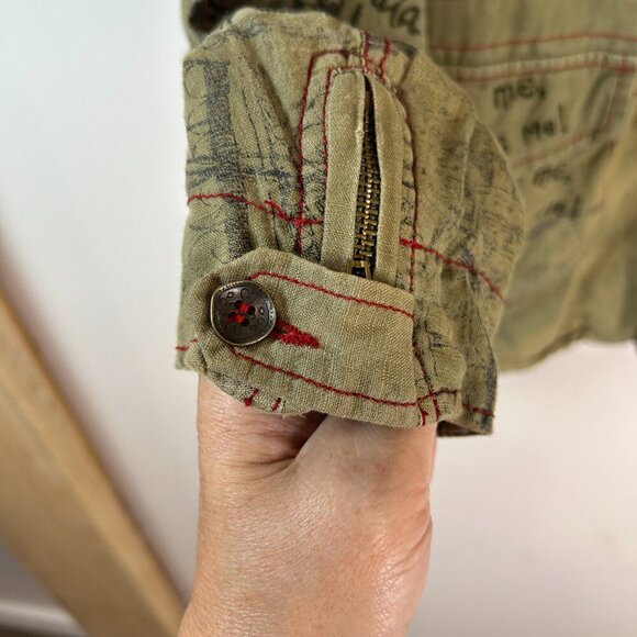 Desigual Embroidered Distressed Green Hooded Jacket Sz M Eclectic Edgy Artsy - Picture 12 of 16